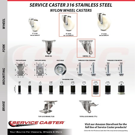 Service Caster 4 Inch 316SS Nylon Wheel Swivel 1-5/8 Inch Expanding Stem Caster Set SCC SCC-SS316EX20S414-NYS-158-4